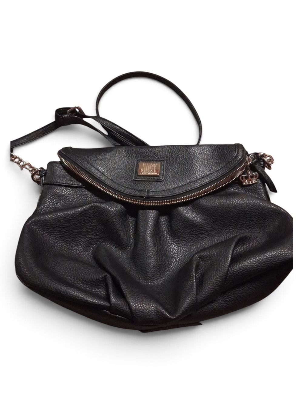 Juicy Couture Black Pebbled Leather Shoulder Bag with Chain Accents